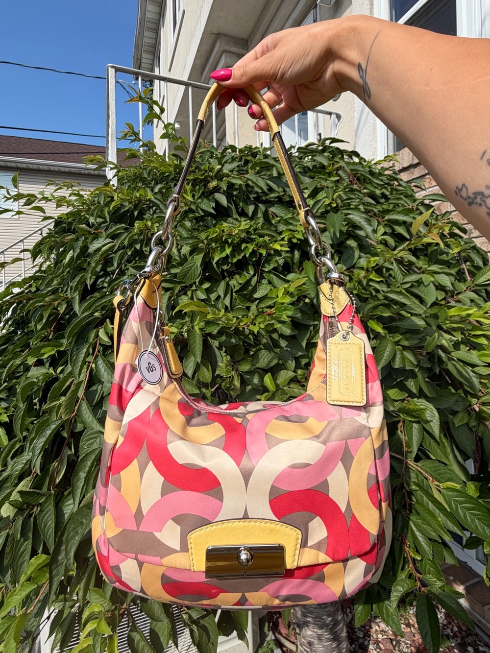 Coach Y2K Multicolor Kristin Op Art Sateen Shoulder Crossbody Bag Pink Yellow